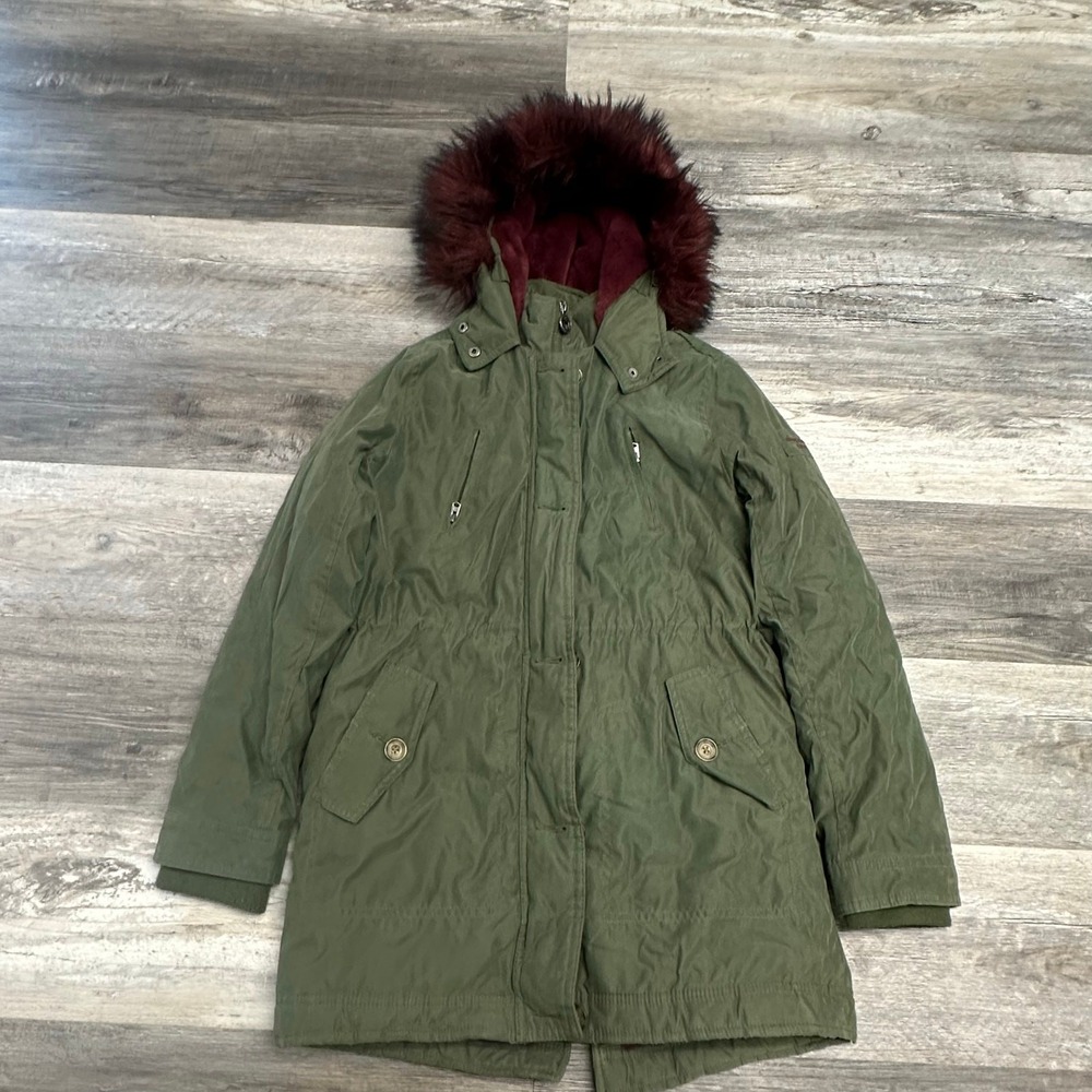 Abercrombie Kids Olive Green Girls L 16 Winter Full Zip Fur Hooded Parka Jacket